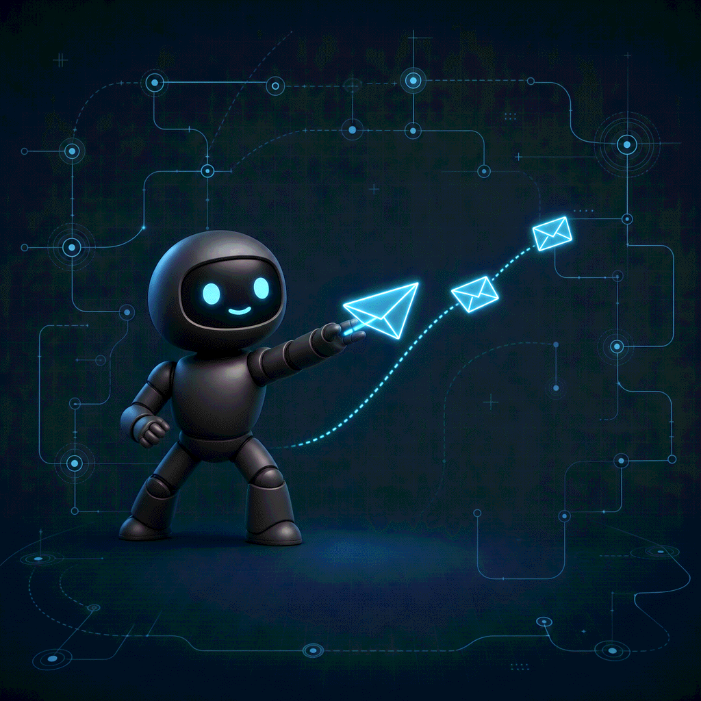 Blueprint workflow illustration of a robot launching glowing paper plane envelopes along a flight path