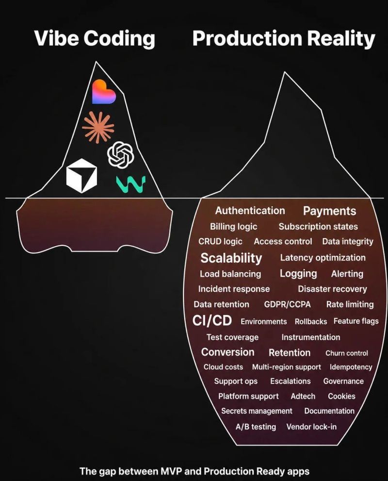 Iceberg diagram: the demo is the visible tip, production readiness is the mass below the waterline