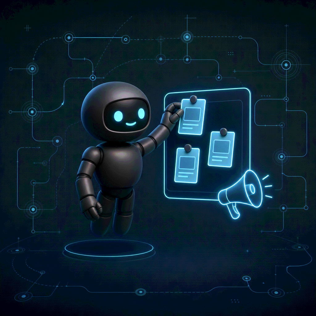 Blueprint workflow illustration of a robot arranging glowing content cards on a floating board