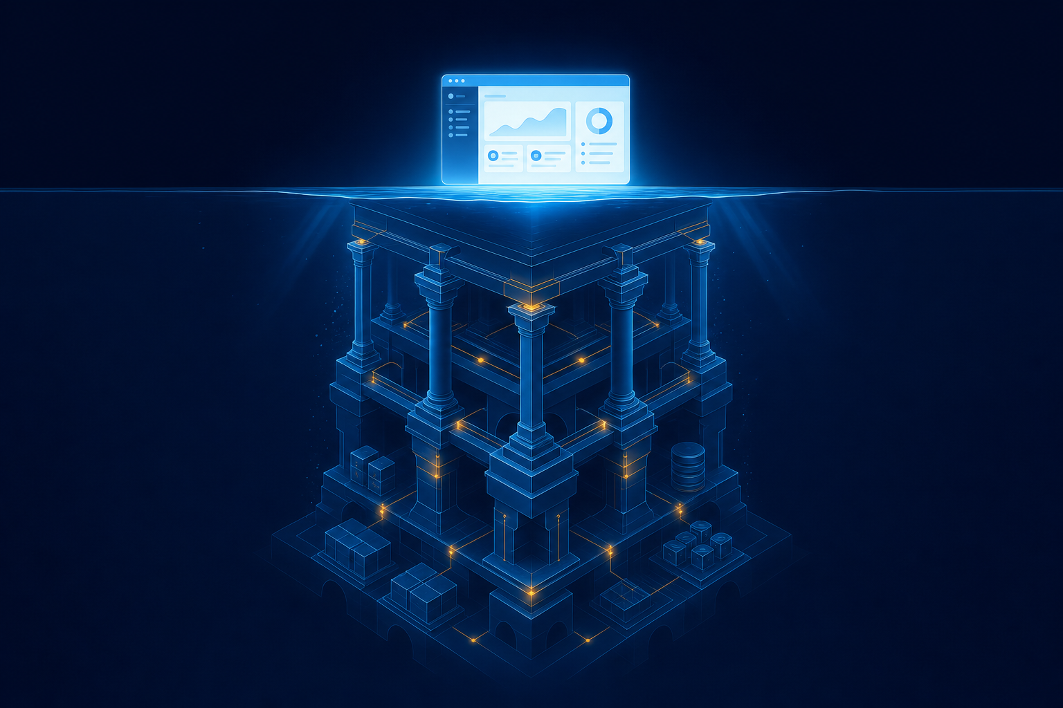 AI application interface supported by a structured production foundation below the surface