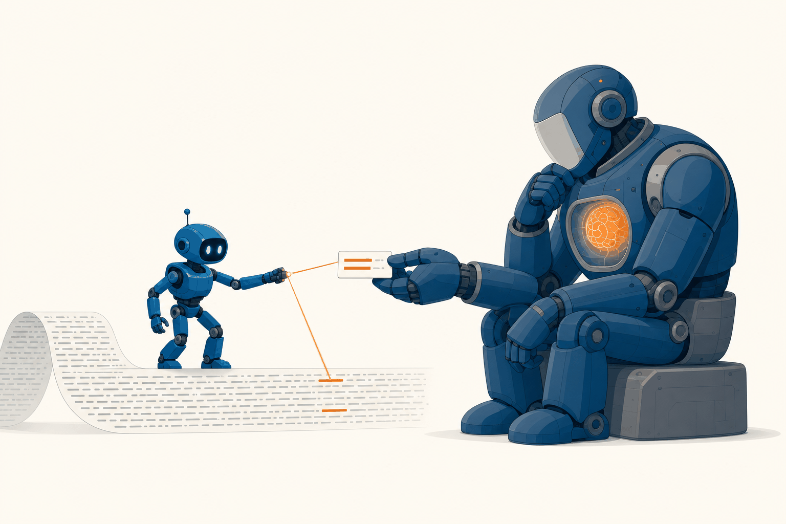Conceptual illustration: a small model spotlights the relevant lines in a huge document while a large model thinks about only those lines